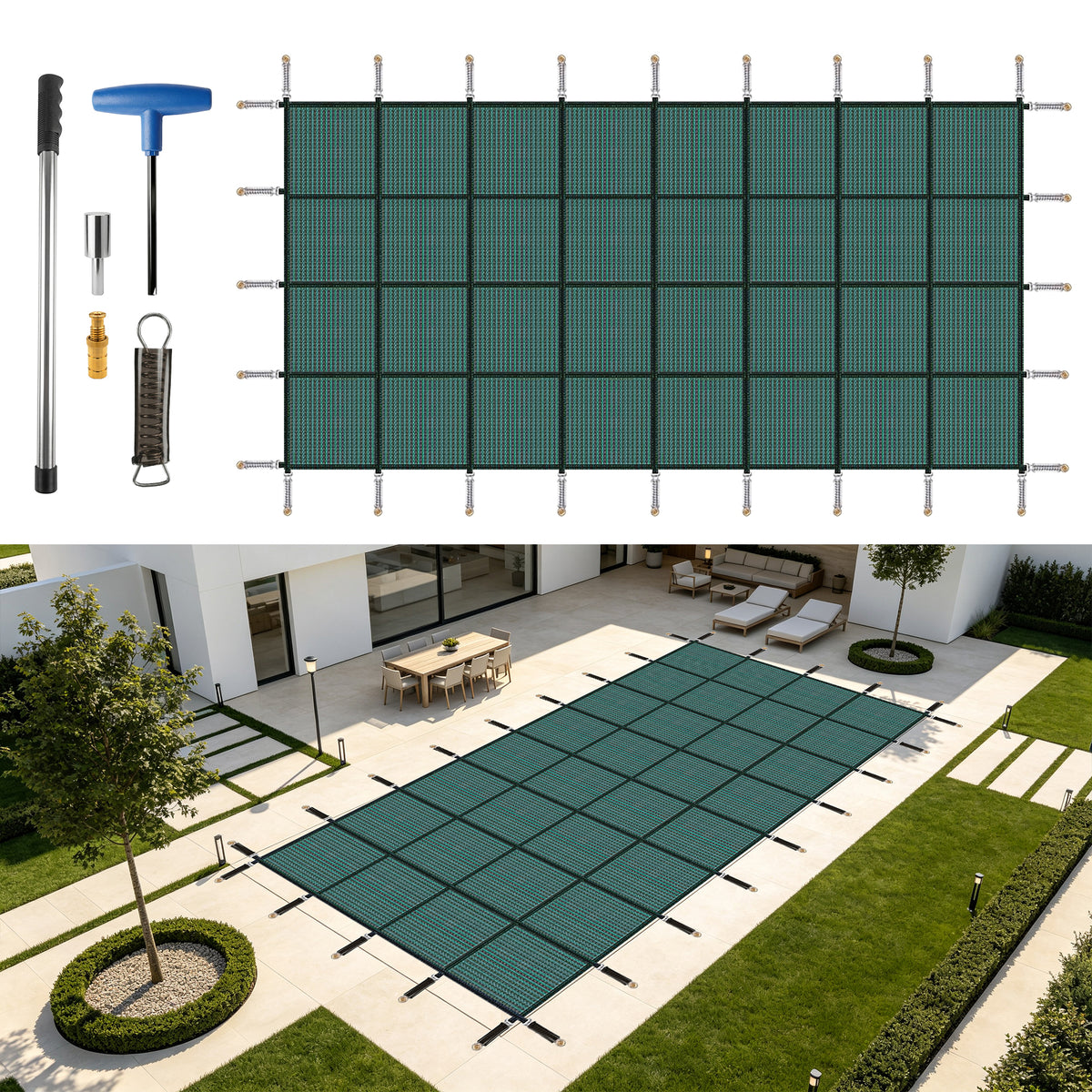 Inground Pool Safety Covers, Rectangular Winter Pool Cover for Swimming Pools, High Strength Mesh PP, Included Installation Tools,Green, Fit 18x36ft Pools
