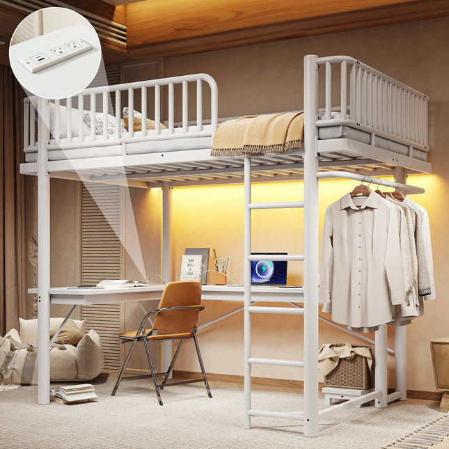 Full Loft Bed with L-Shaped Desk,LED Light Strip and Charge Station, Metal Loft Bed with Computer Mainframe Tray and Hanging Area, Special Round Pipe Design, White