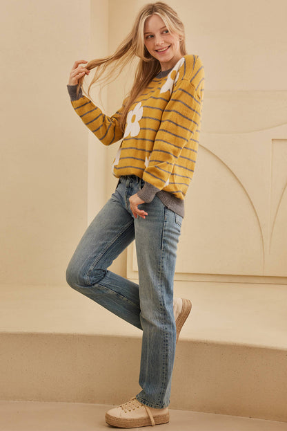 Yellow Striped Daisy Flower Long Sleeve Sweater