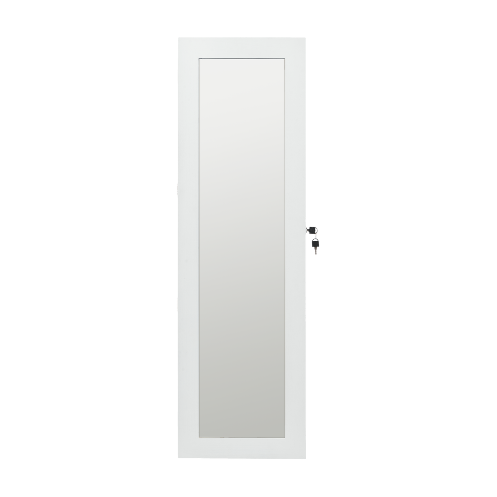 White Solid Wood Jewelry Armoire Organizer with Full-Length Mirror, Wall-Mounted Lockable Cabinet with LED Light, 47.5x14.3 in