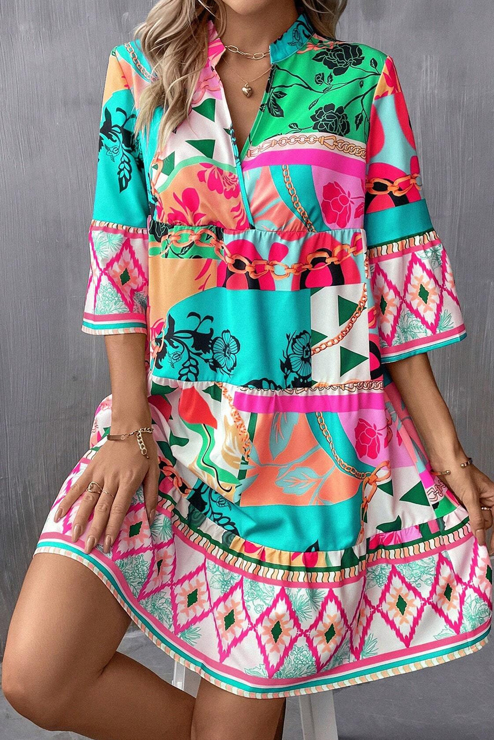 Multicolour Boho Abstract Print Flowy Tiered Dress - Eloy Royal