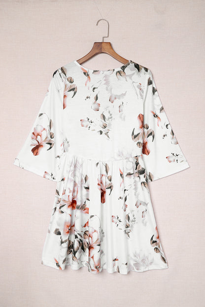 White Floral Print V Neck Flutter Half Sleeve Empire Waist Dress - Eloy Royal