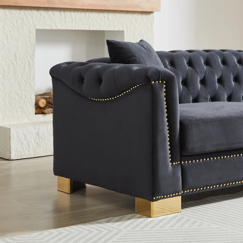 {Video] Classic Modern Style Sofa, 62-inch Chesterfield Classic Rolled Arm Tucked-in Nailhead Decor Cloud Two-Seater Velvet Sofa, Luxury Double Sofa Suitable for Living Room, Bedroom, Apartment, - Eloy Royal