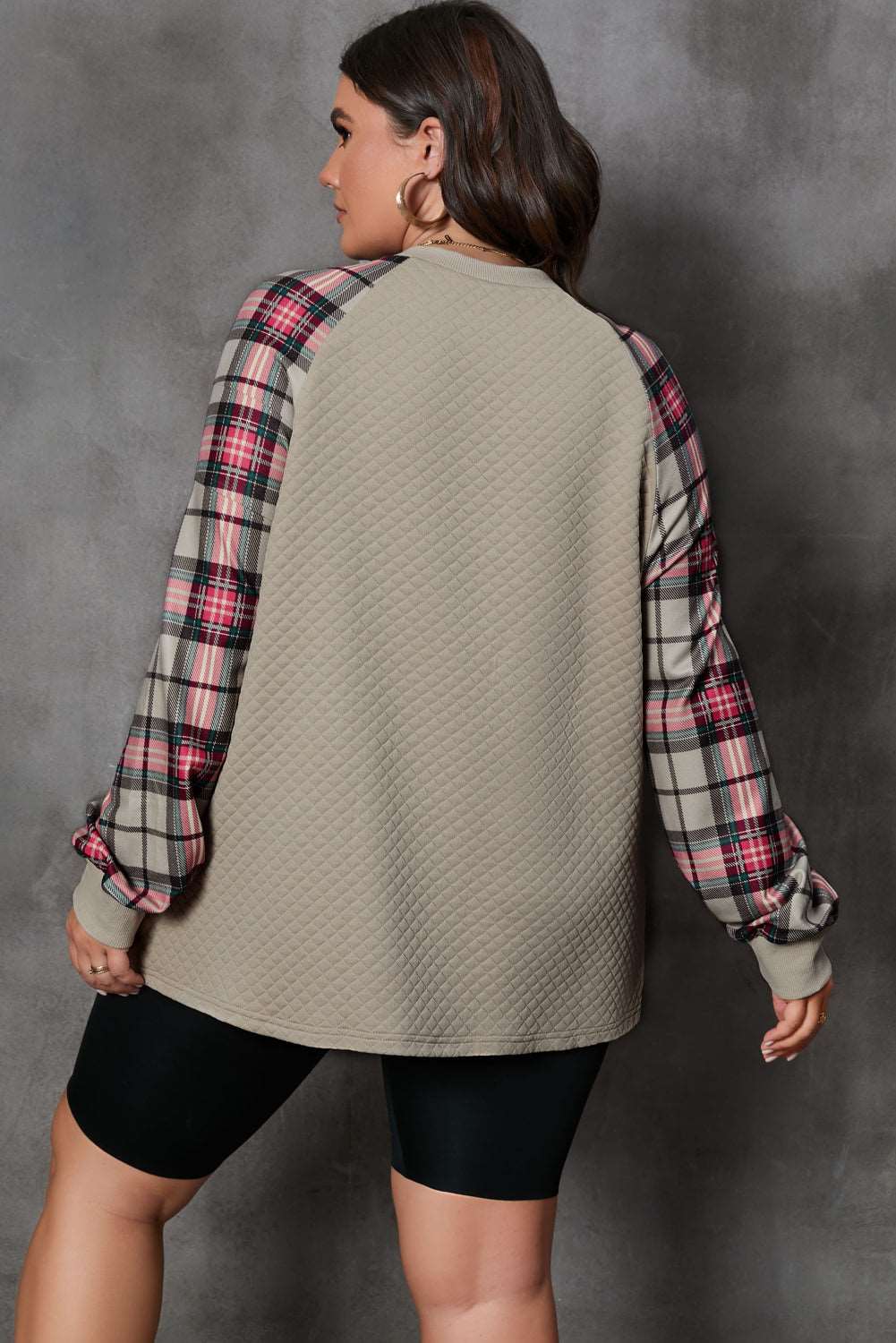 Apricot Plus Size Plaid Raglan Sleeve Crew Neck Sweatshirt