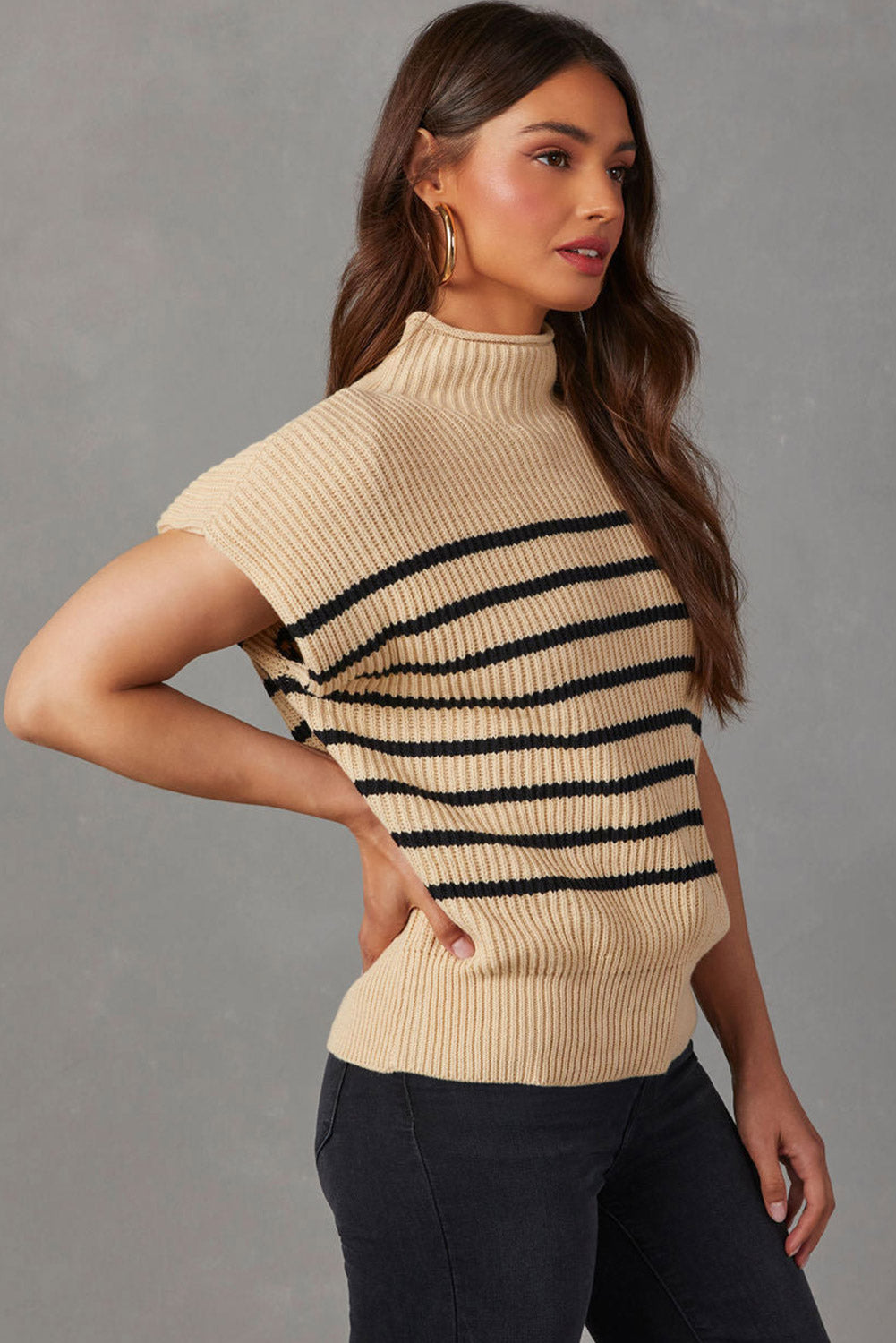 Wholesale Parchment Striped Knit Mock Neck Short Sleeve Sweater - Eloy Royal