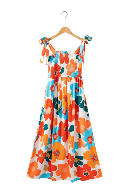 Orange 60s Floral Printed Shoulder Tie Smocked Maxi Dress - Eloy Royal