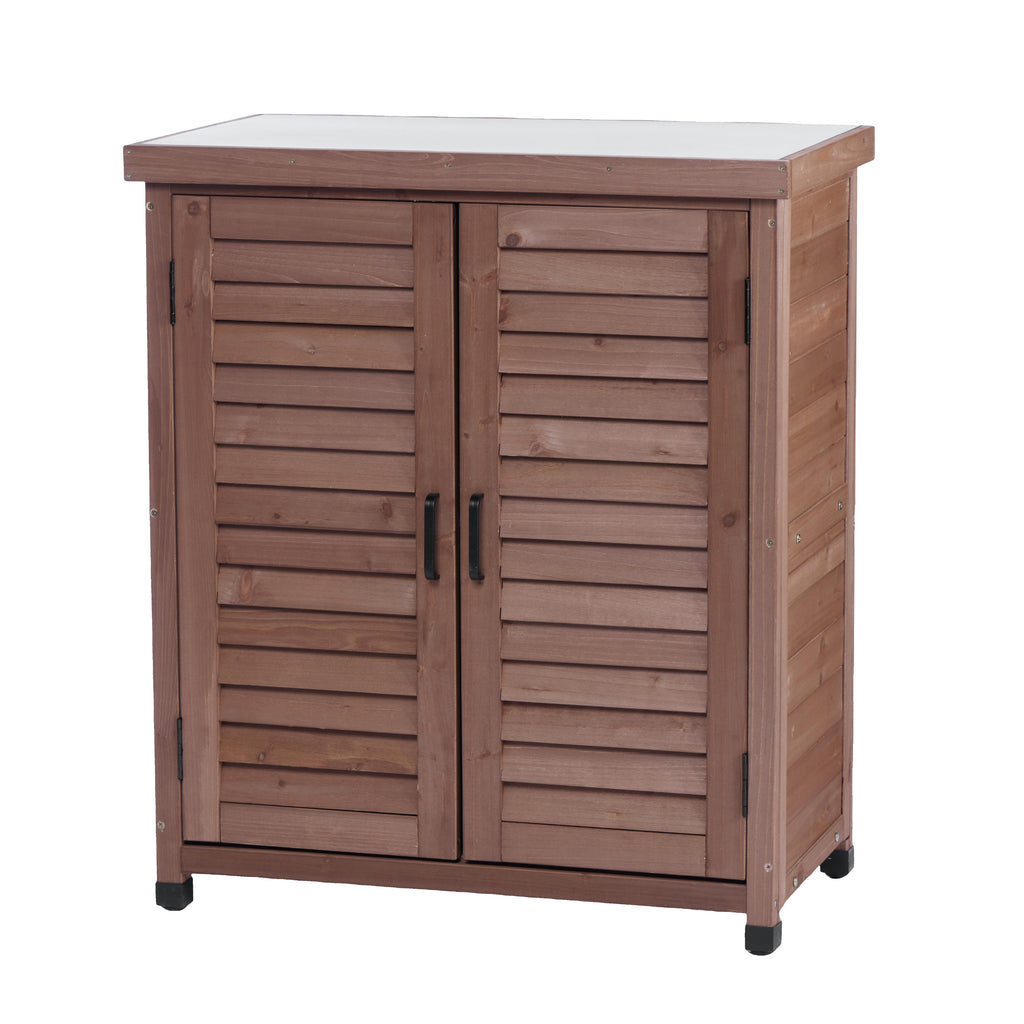 Rustic Potting Bench with Metal Table Top and Storage Cabinet for Outdoor Patio, Brown Solid Wood Workstation 31.5x17x36 inches
