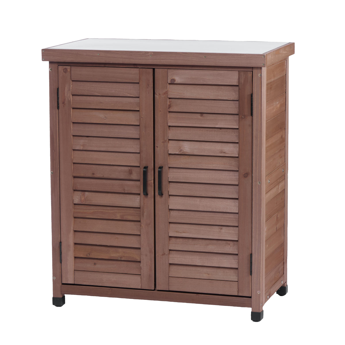Rustic Potting Bench with Metal Table Top and Storage Cabinet for Outdoor Patio, Brown Solid Wood Workstation 31.5x17x36 inches