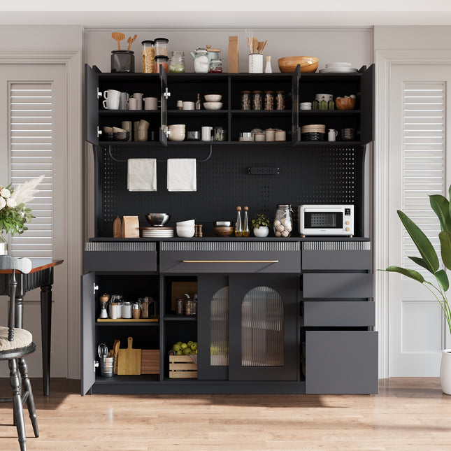 TOPMAX Freestanding 63'' W Buffet with Hutch, Large Coffee Bar Storage Cabinet with 6 Drawers, 5 Cabinets with Adjustable Shelves,Pegboard,Towel Rack, Power Outlet,Black