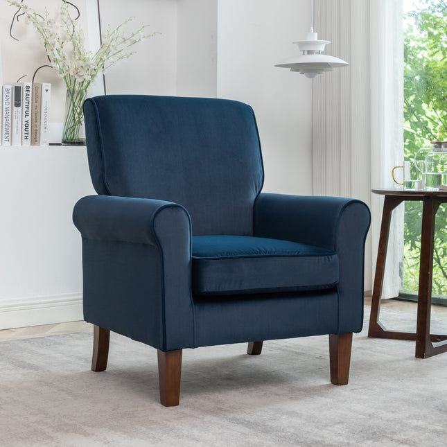 Traditional Rolled Arm Armchair, Solid Birch Wood Frame with Tapered Brown Legs, Polyester Blend Printed Cloth Upholstered Chair with Foam Filled Seat for Living Room Office