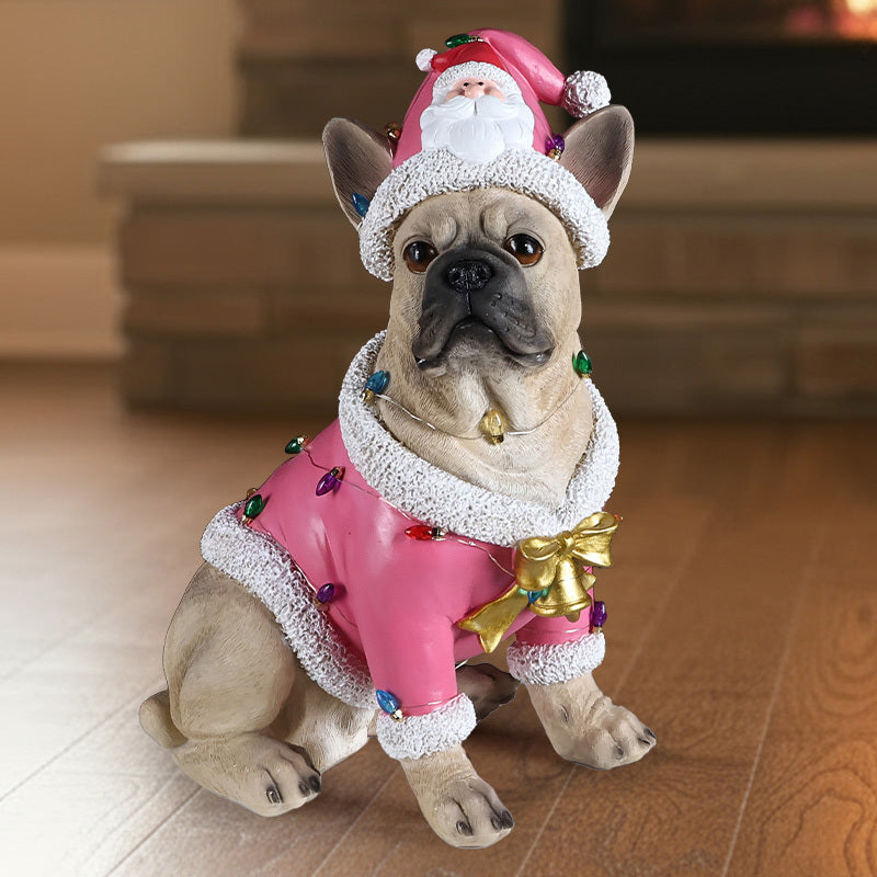 Christmas French Bulldog Statue,  Holiday Dog Figurine in Pink Santa Outfit, Festive Christmas Home Décor