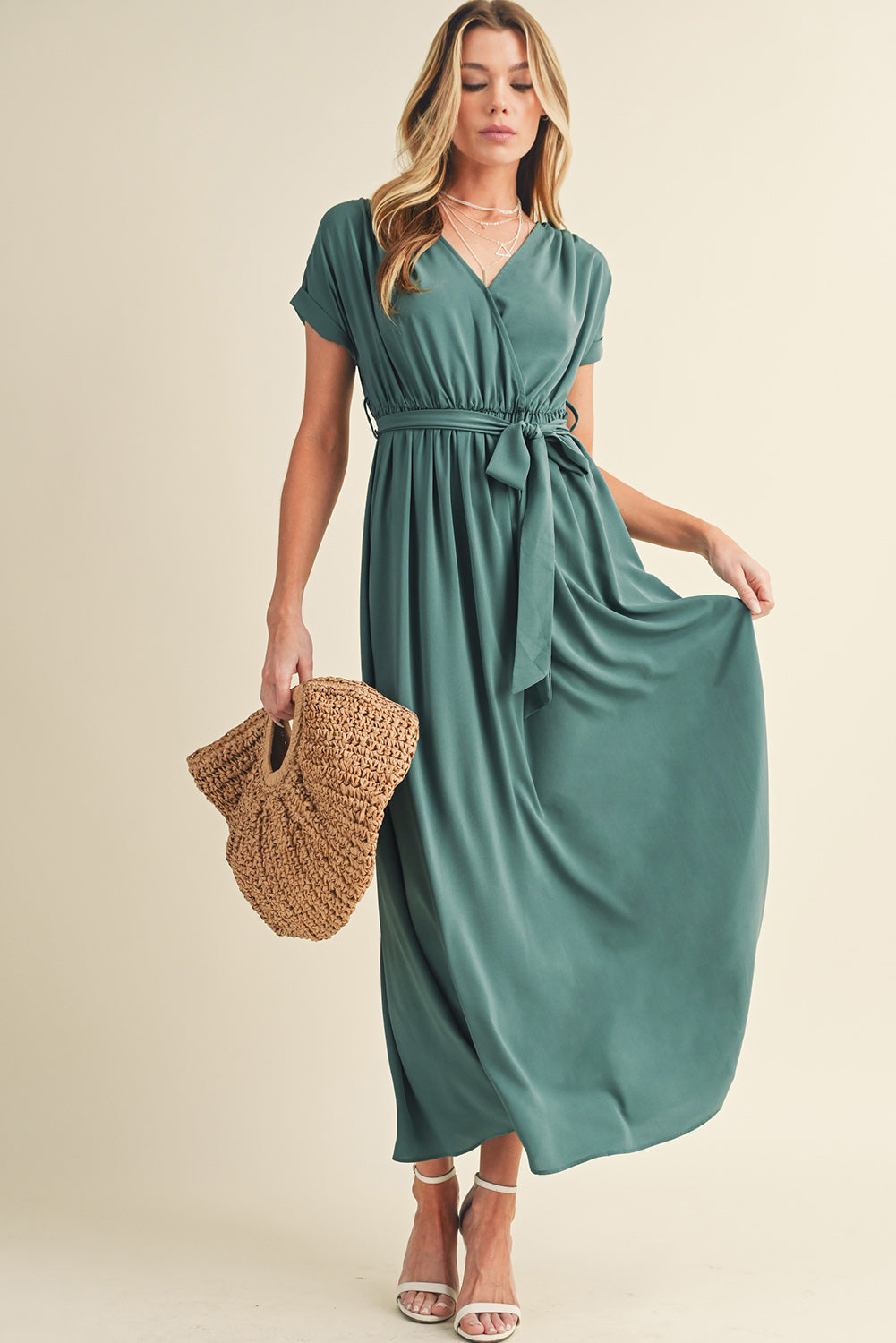 Wholesale Green Wrap V Neck Belted Pleated Maxi Dress - Eloy Royal