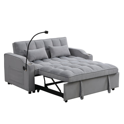 Modern Velvet Loveseat Futon Sofa Couch with Pullout Bed, Adjustable Reclining Backrest, Toss Pillows, Light Gray