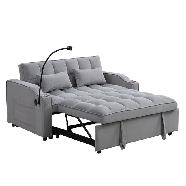 Modern Velvet Loveseat Futon Sofa Couch with Pullout Bed, Adjustable Reclining Backrest, Toss Pillows, Light Gray