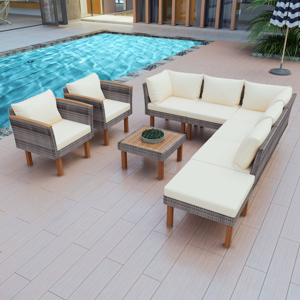 Alessia 9-Piece Wicker and Acacia Sectional Set, Beige