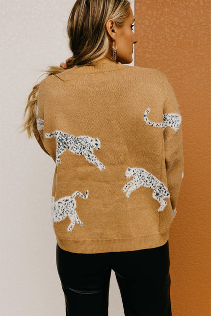 Wholesale Camel Color Animal Print Drop Shoulder Knit Sweater - Eloy Royal