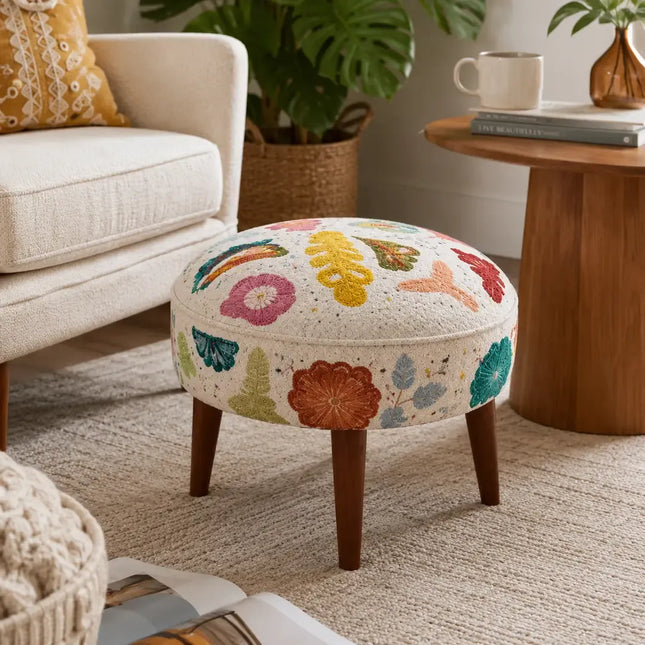 Suzani Patterned  Accent Stool 21x18' White Cotton Fabric