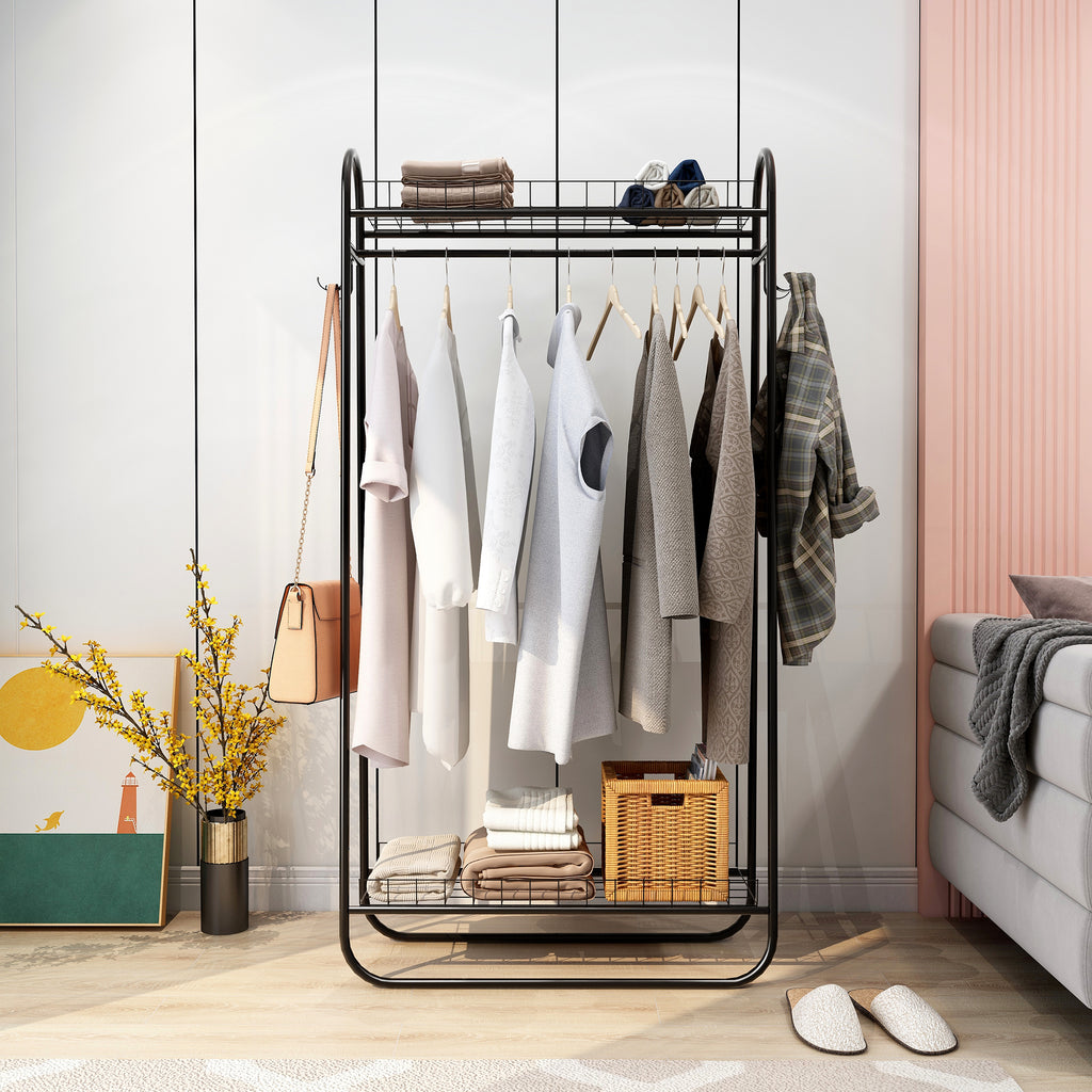 Garment Rack Freestanding Heavy Duty Clothing Rack, Metal Rolling Clothes Rack with Double Shelves, Portable Wardrobe Rack for Hanging Clothes