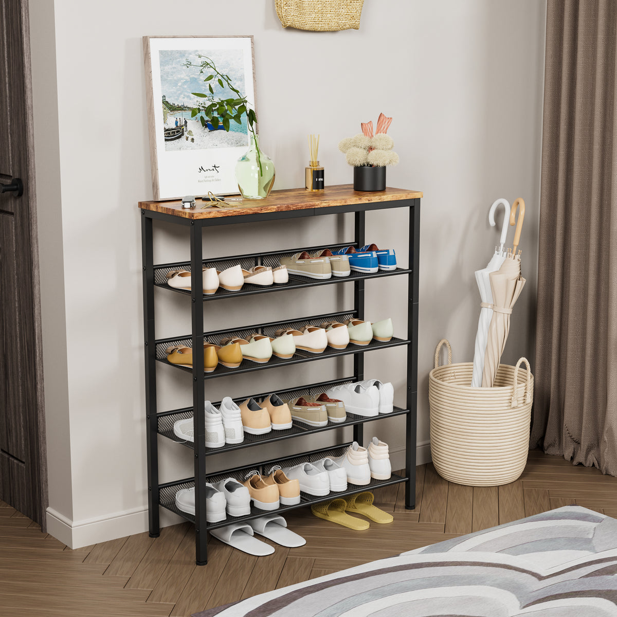 Industrial shoe rack, adjustable country style 5-layer shoe rack storage rack, with 4 mesh shelves, suitable for entrance, living room, bedroom and porch