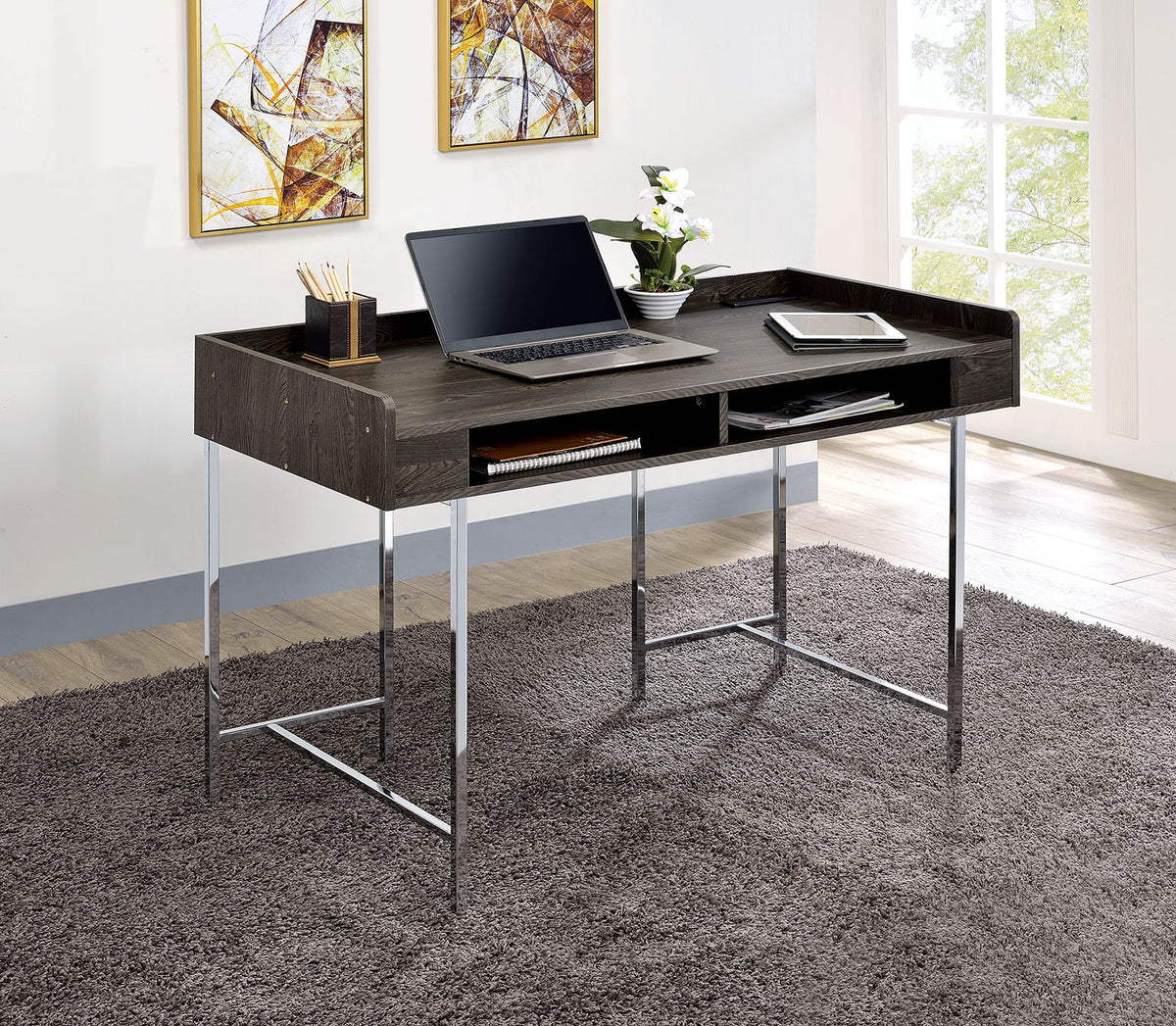 Contemporary Style 1pc Desk Open Storage Metal Legs Brown And Chrome Finish Light Weight Design Office Room Furniture