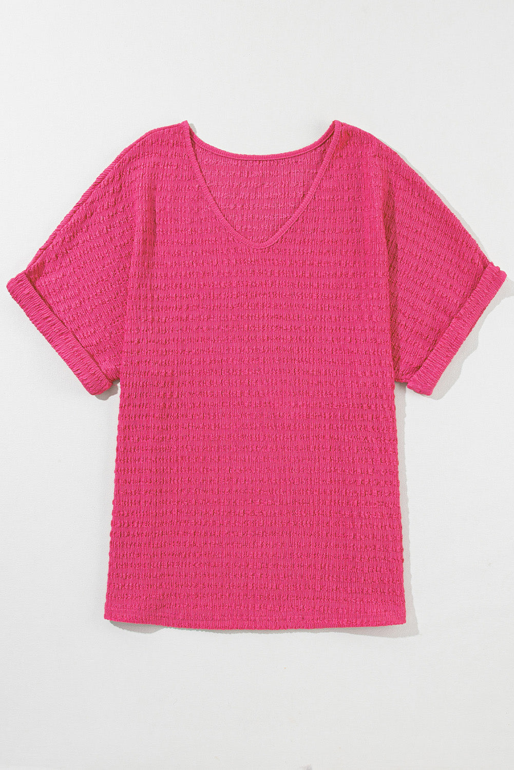 Bright Pink Textured Rolled Short Sleeve V Neck Blouse - Eloy Royal