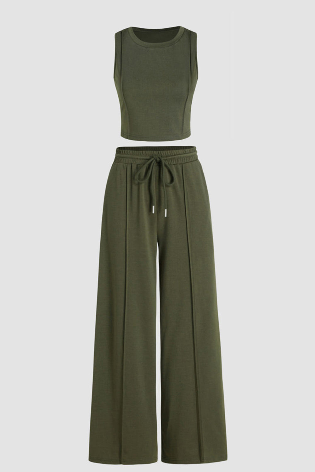 Jungle Green Solid Cropped Tank Top and Wide Leg Pants Set - Eloy Royal