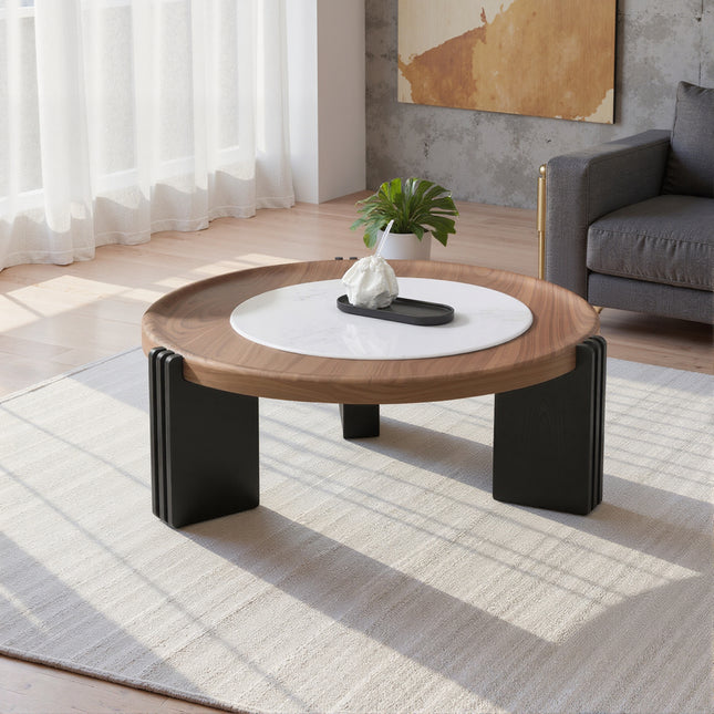 Modern Round Coffee Table Set with Walnut Veneer & Microcrystalline Stone Top – Nesting & Separable Design