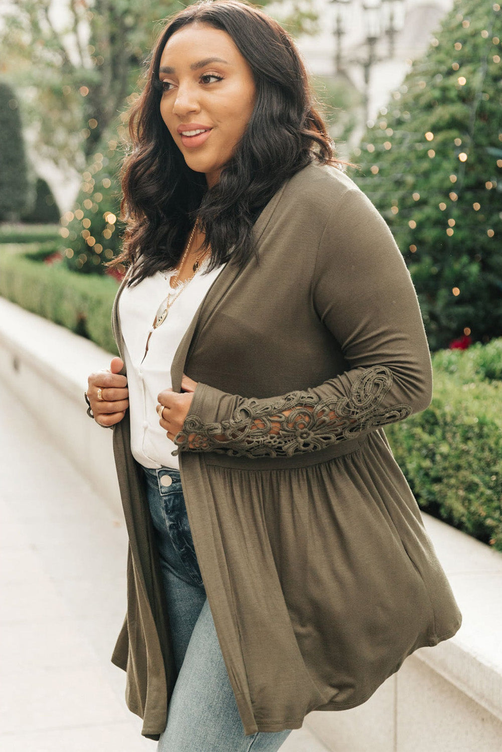 Green Crochet Plus Size Lace Sleeve Cardigan - Eloy Royal