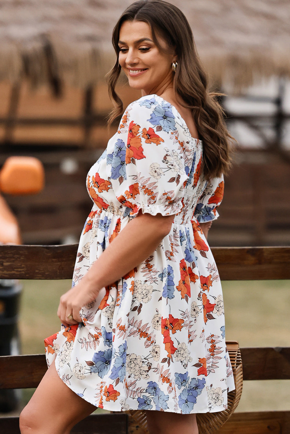 White Floral Smocked Flared Plus Size Dress - Eloy Royal