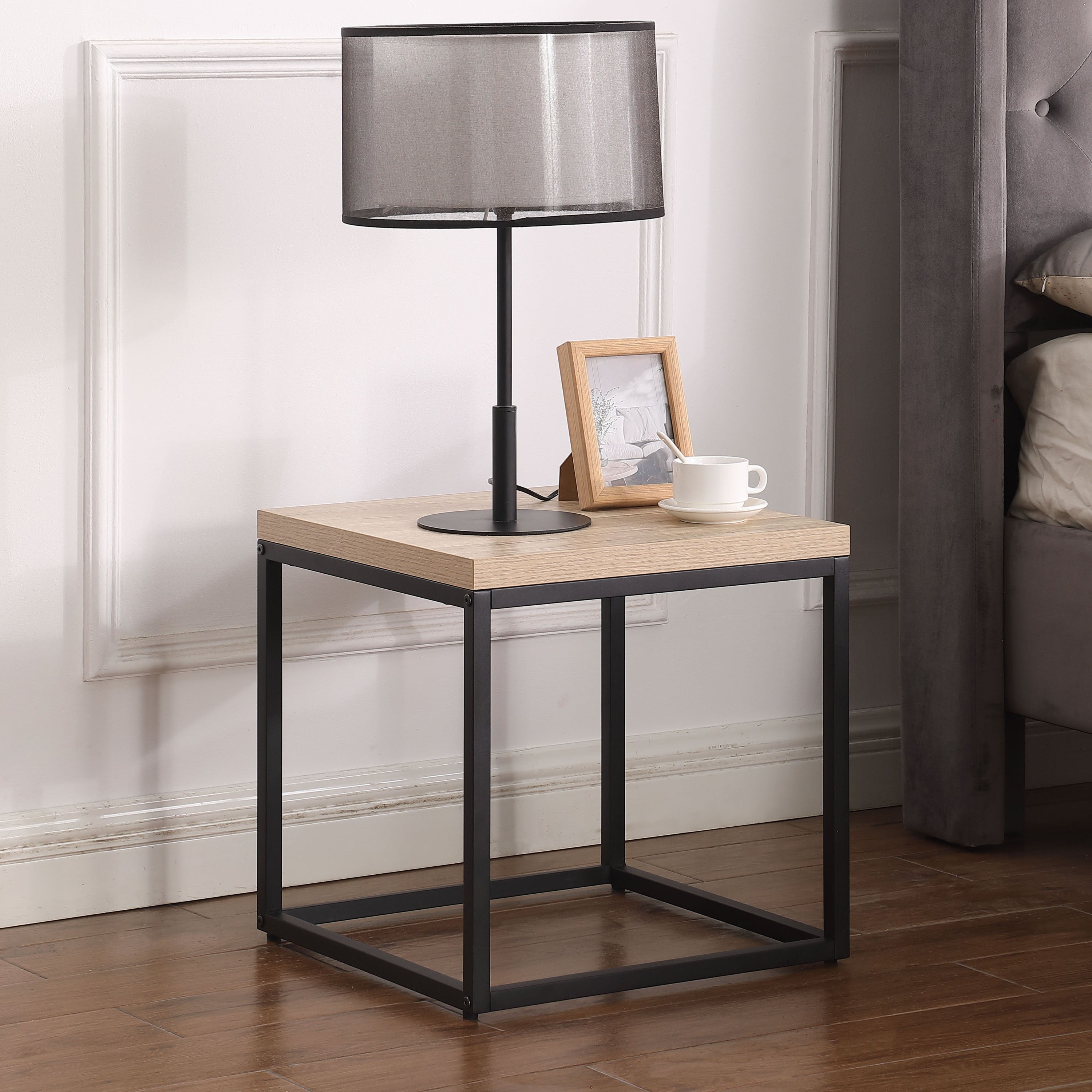 End Table Side Table,Square Wood and Metal Nightstand,Storage Small End Table, for Living Room Bedroom, Natural Oak
