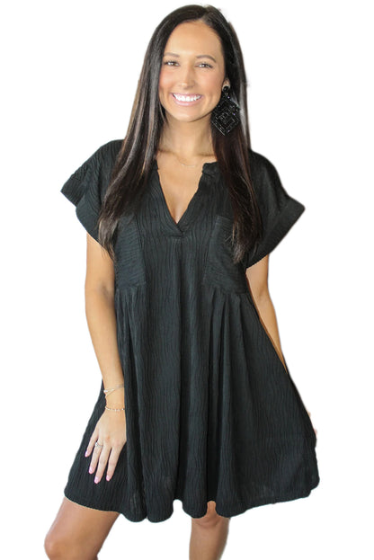 Black Crinkled Short Sleeve V Neck Flowy Dress - Eloy Royal