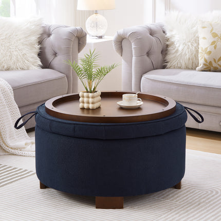 Round Storage Ottoman with Reversible Lid - Boucle Fabric Upholstered Footstool, Hidden Storage Compartment, Wooden Legs, Dual-Purpose Seat & Side Table for Living Room, Bedroom - NAVY