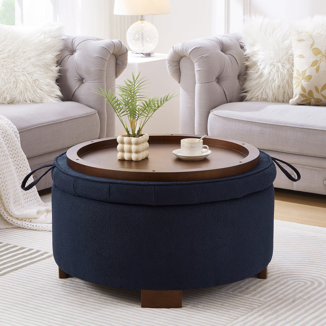 Round Storage Ottoman with Reversible Lid - Boucle Fabric Upholstered Footstool, Hidden Storage Compartment, Wooden Legs, Dual-Purpose Seat & Side Table for Living Room, Bedroom - NAVY