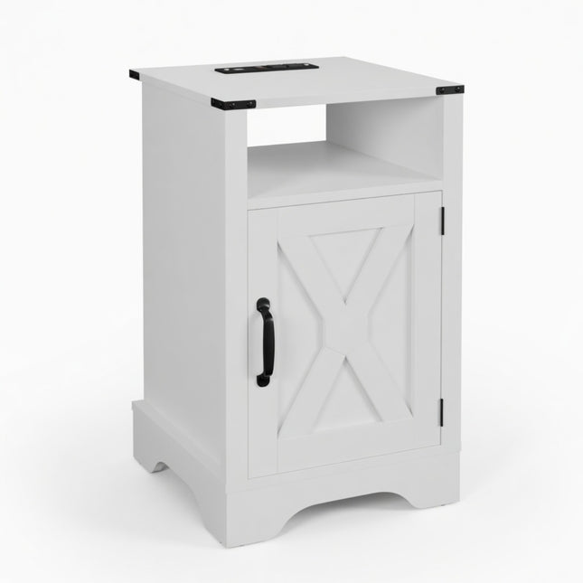 White Farmhouse Nightstand with Charging Station & Storage, 16'W x 16'D x 25'H, Engineered Wood with Distressed Finish
