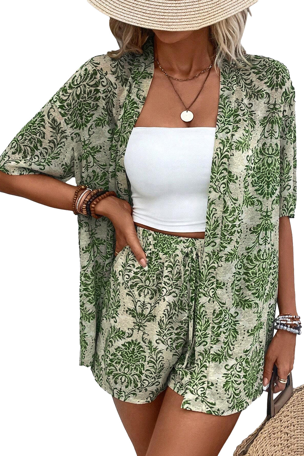 Green Floral Open Front Shirt and Drawstring Shorts Set - Eloy Royal