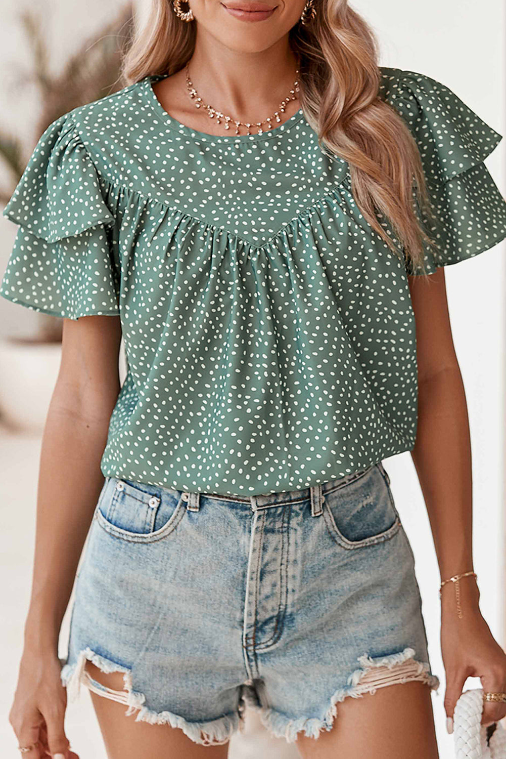 Laurel Green Spotted Print Pleated Ruffle Sleeve Blouse - Eloy Royal