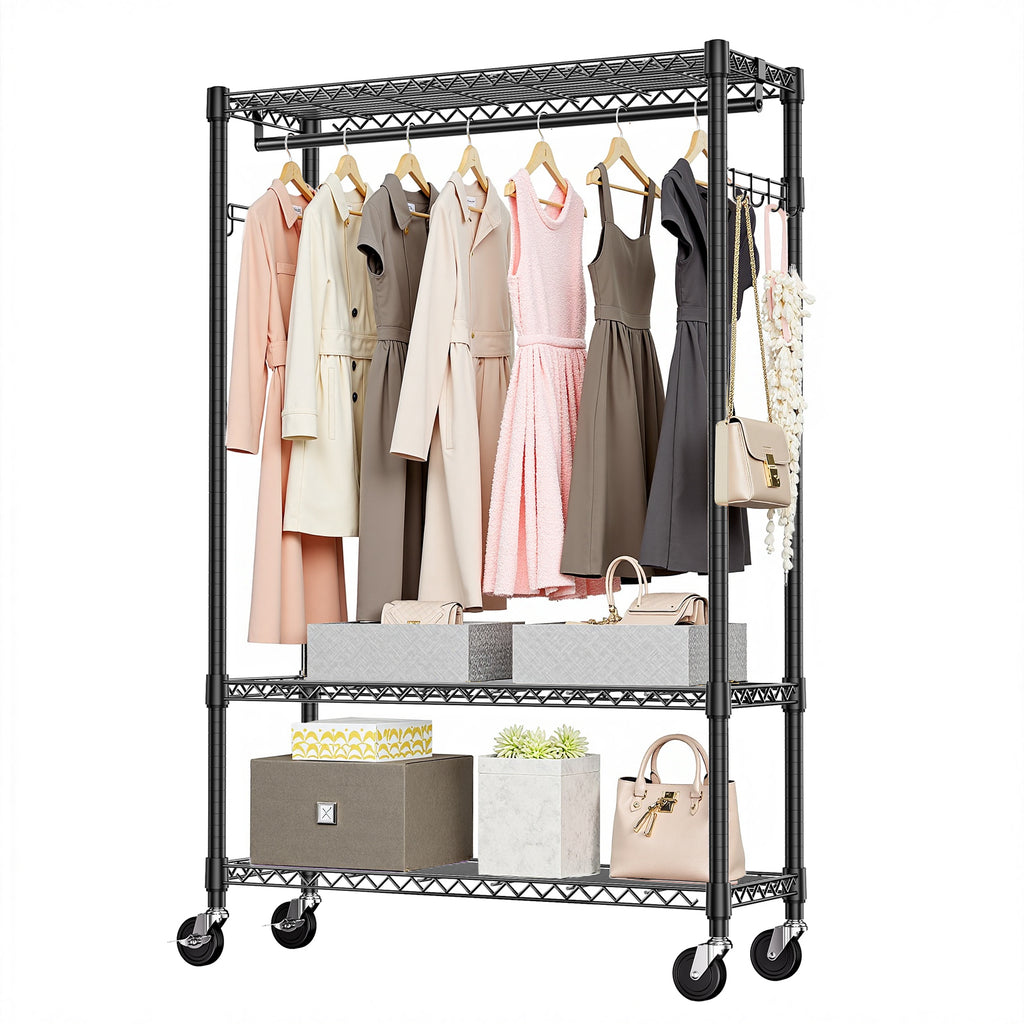 Heavy Duty Rolling Garment Rack 3 Tiers Adjustable Wire Shelving Clothes Rack with 1 Rods and Side Hooks,Storage Closet Clothing Rack with Wheels Black 15.7' D x 45.3' W x 75.6' H, Black