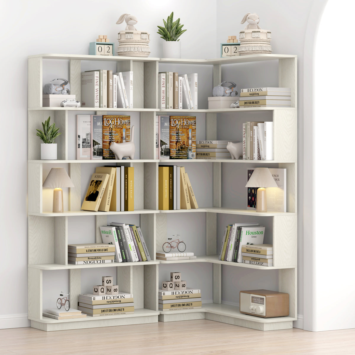 90 cm space saving corner bookshelf + 80 cm bookcase extendable free combination, set of 2 display shelf, white OAK color and other 4 colors for option, freely combined and matched furniture