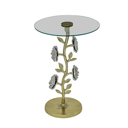 Flower Side Table with Glass Top Decorative Sculptural End Table Aluminum Base Accent Table for Living Room 16x16x23.75'