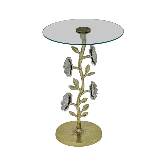 Flower Side Table with Glass Top Decorative Sculptural End Table Aluminum Base Accent Table for Living Room 16x16x23.75'