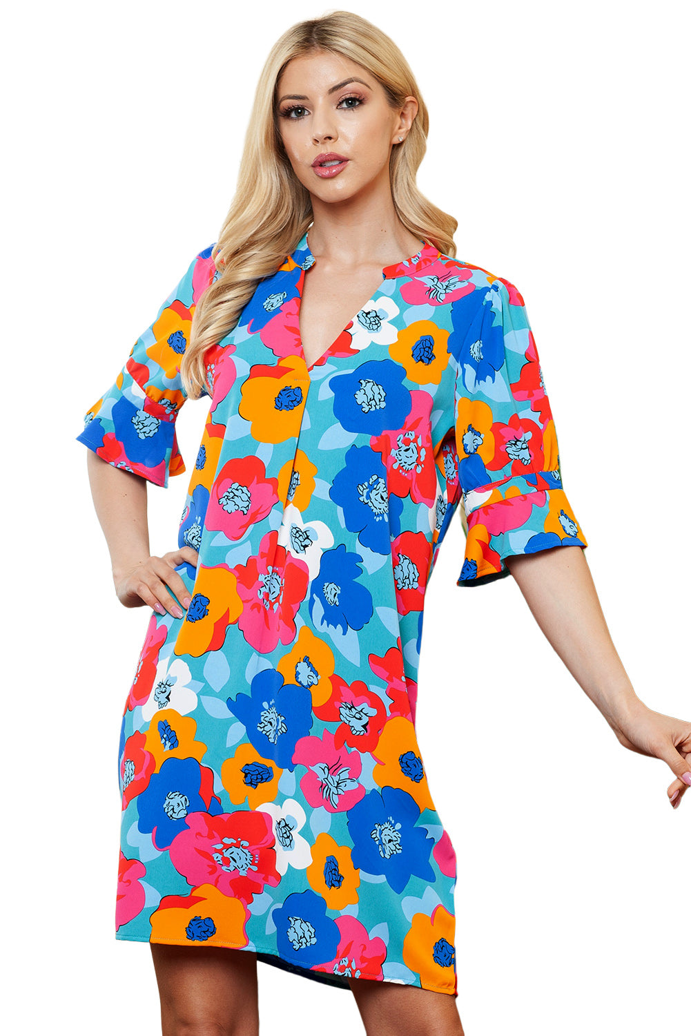 Multicolor Floral Print Mandarin Collar Short Sleeve Tunic Dress - Eloy Royal