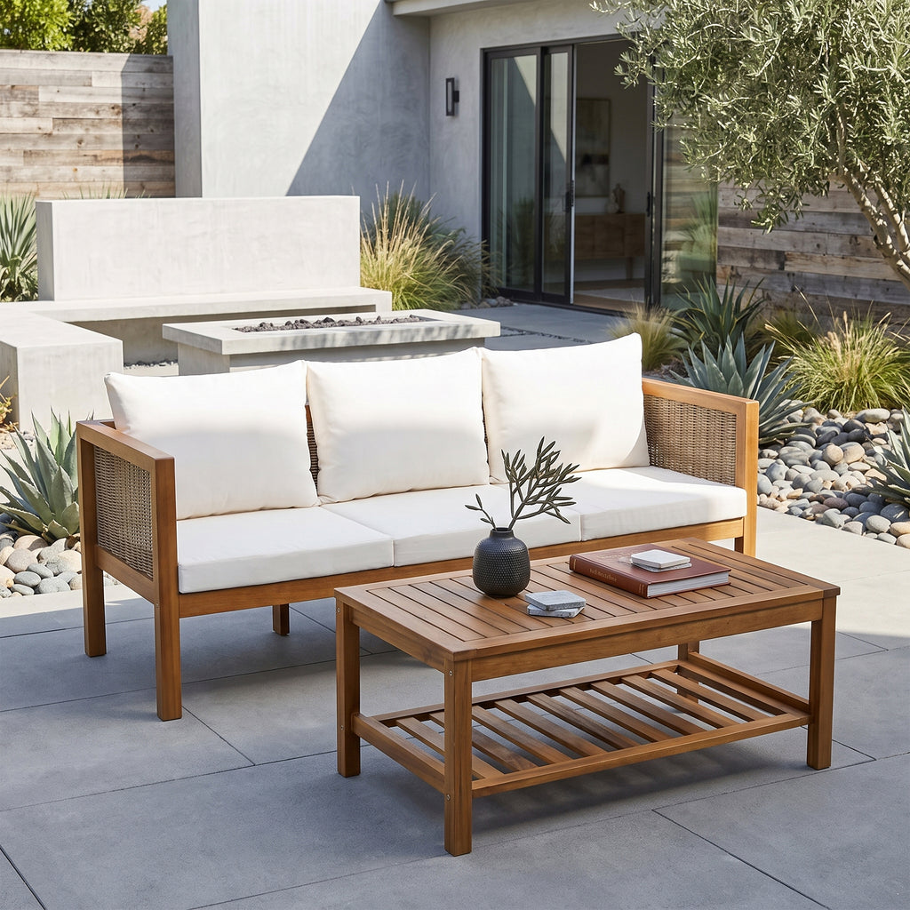 3-Seater Patio Set Outdoor Sofa & Coffee Table Set 2 Piece Outdoor Conversation Patio Furniture Set with Cushions and a Coffee Table for Garden, Backyard, Balcony, Poolside,Beige Cushion +Natural Wood