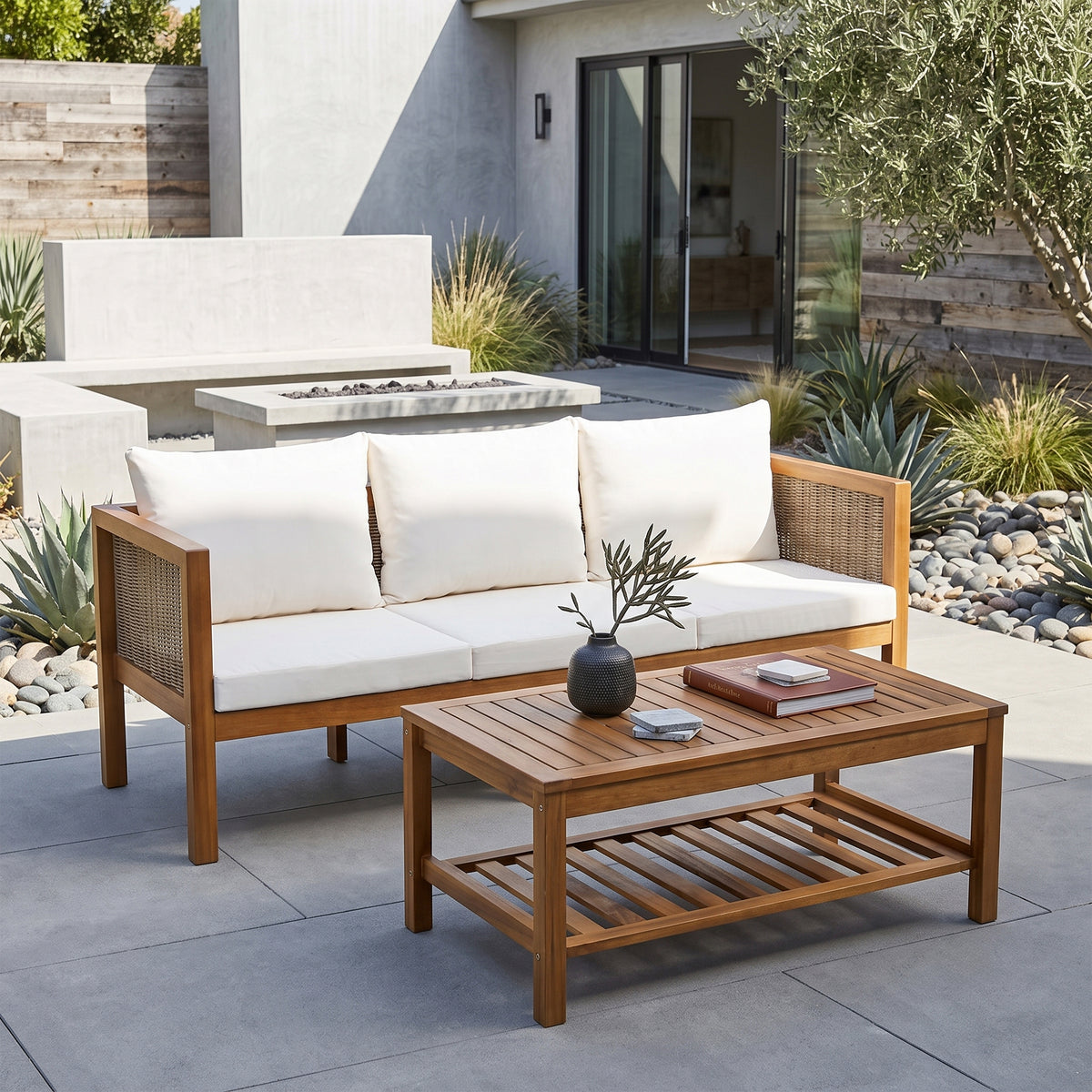 3-Seater Patio Set Outdoor Sofa & Coffee Table Set 2 Piece Outdoor Conversation Patio Furniture Set with Cushions and a Coffee Table for Garden, Backyard, Balcony, Poolside,Beige Cushion +Natural Wood