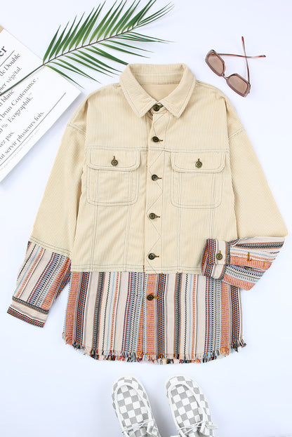 Wholesale Beige Button Up Pockets Striped Color Block Corduroy Jacket - Eloy Royal