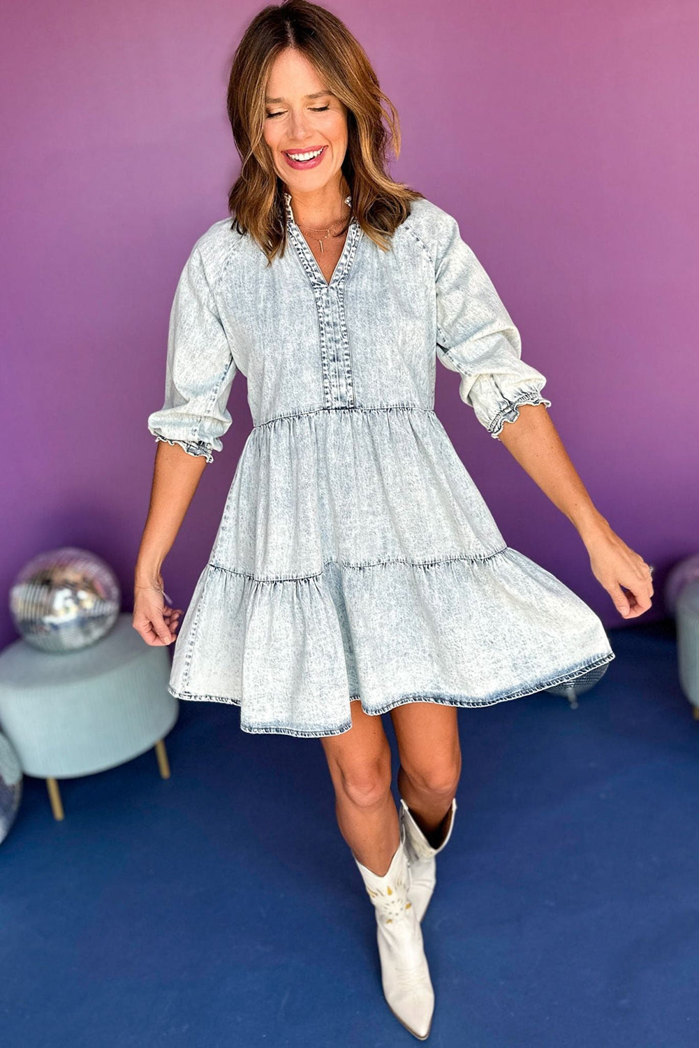 Dusk Blue Acid Wash Retro Half Sleeve Flared Denim Dress - Eloy Royal