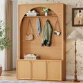 ON-TREND Farmhouse All-in-One Hall Tree with Adjustable Shelves, Retro Arched Entryway Storage Bench with 3 Cabinets, Wooden Coat Rack Organizer with 4 Golden Hooks for Mudroom, Hallway, Natural/Teak