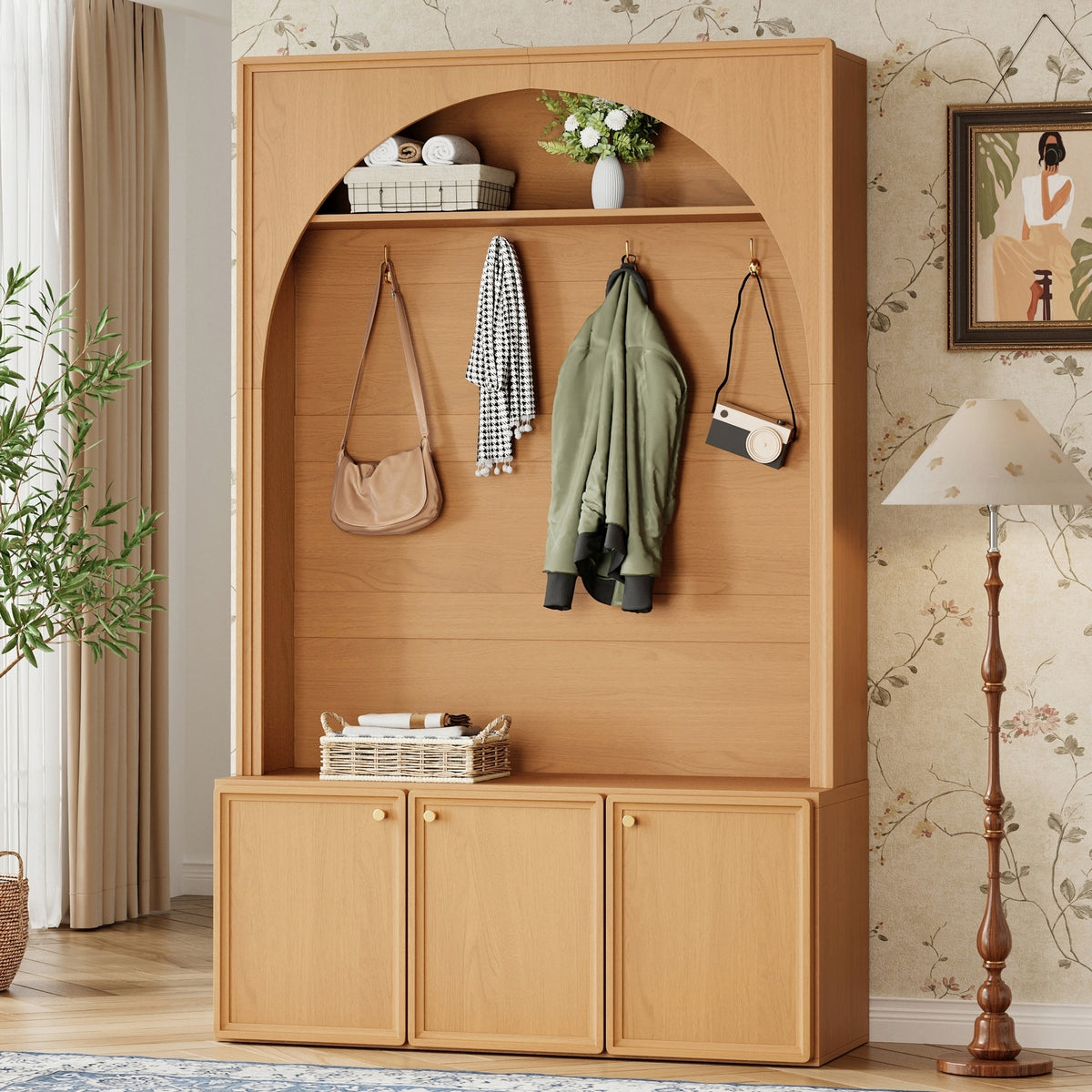 ON-TREND Farmhouse All-in-One Hall Tree with Adjustable Shelves, Retro Arched Entryway Storage Bench with 3 Cabinets, Wooden Coat Rack Organizer with 4 Golden Hooks for Mudroom, Hallway, Natural/Teak
