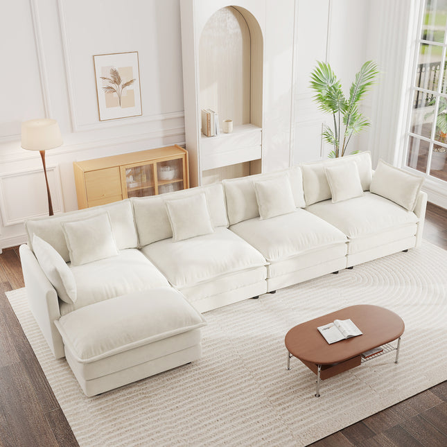Modular Sectional Sofa for Living Room,U Shaped Couch 4 Seater Convertible Sectional Couch with 1 Ottoman ,White Chenille