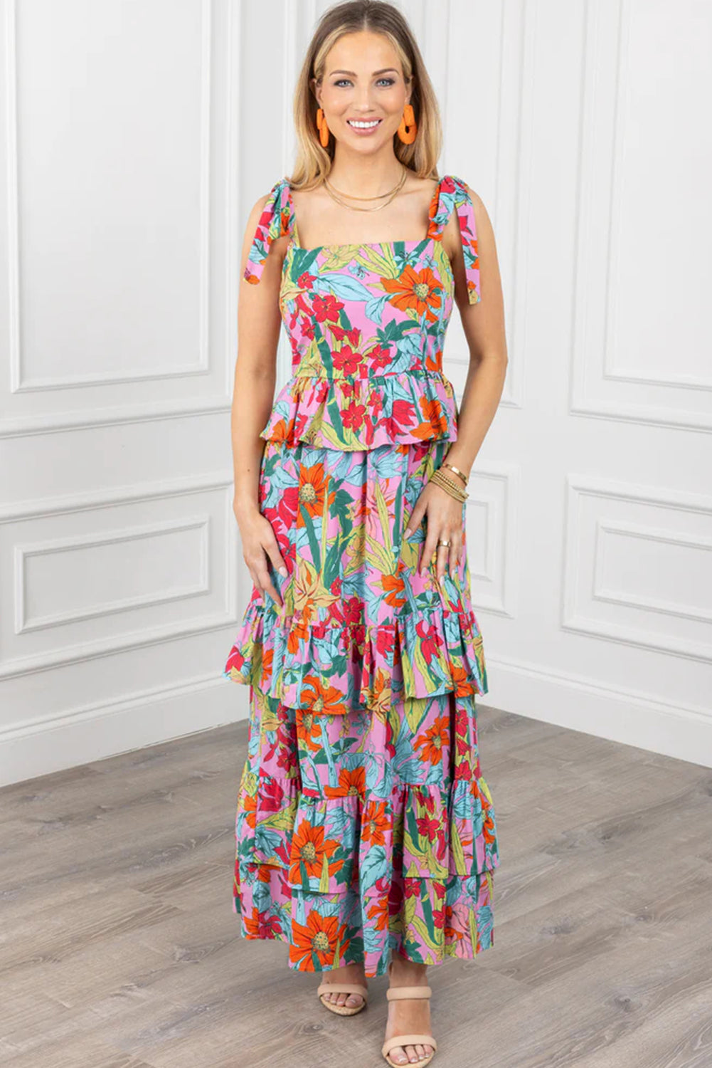 Multicolour Boho Floral Print Knot Strap Ruffle Layered Maxi Dress - Eloy Royal