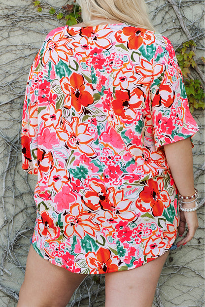 Rose Plus Size Floral Print Boho Kimono Sleeve Shirt - Eloy Royal